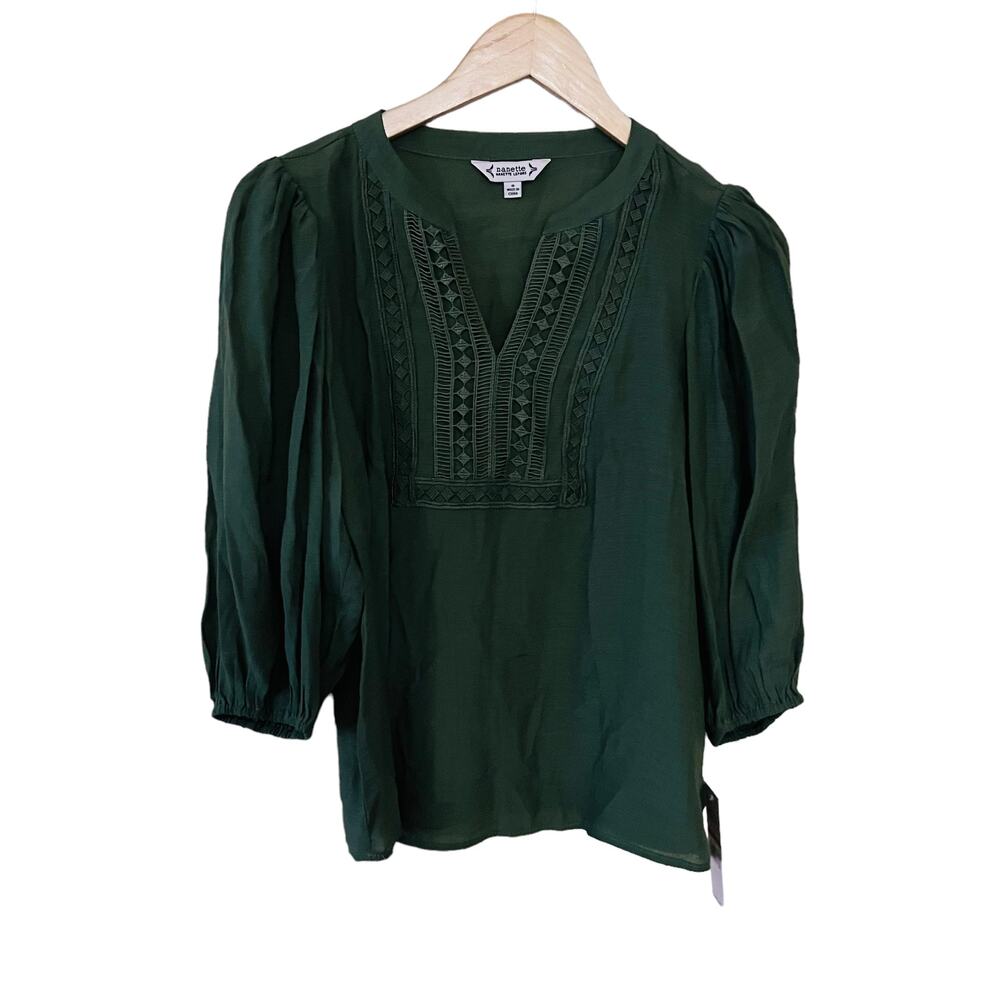 Nanette Lepore Crochet Detail Split Neck Top Size Small NWT Martini Olive Green - Picture 2 of 10